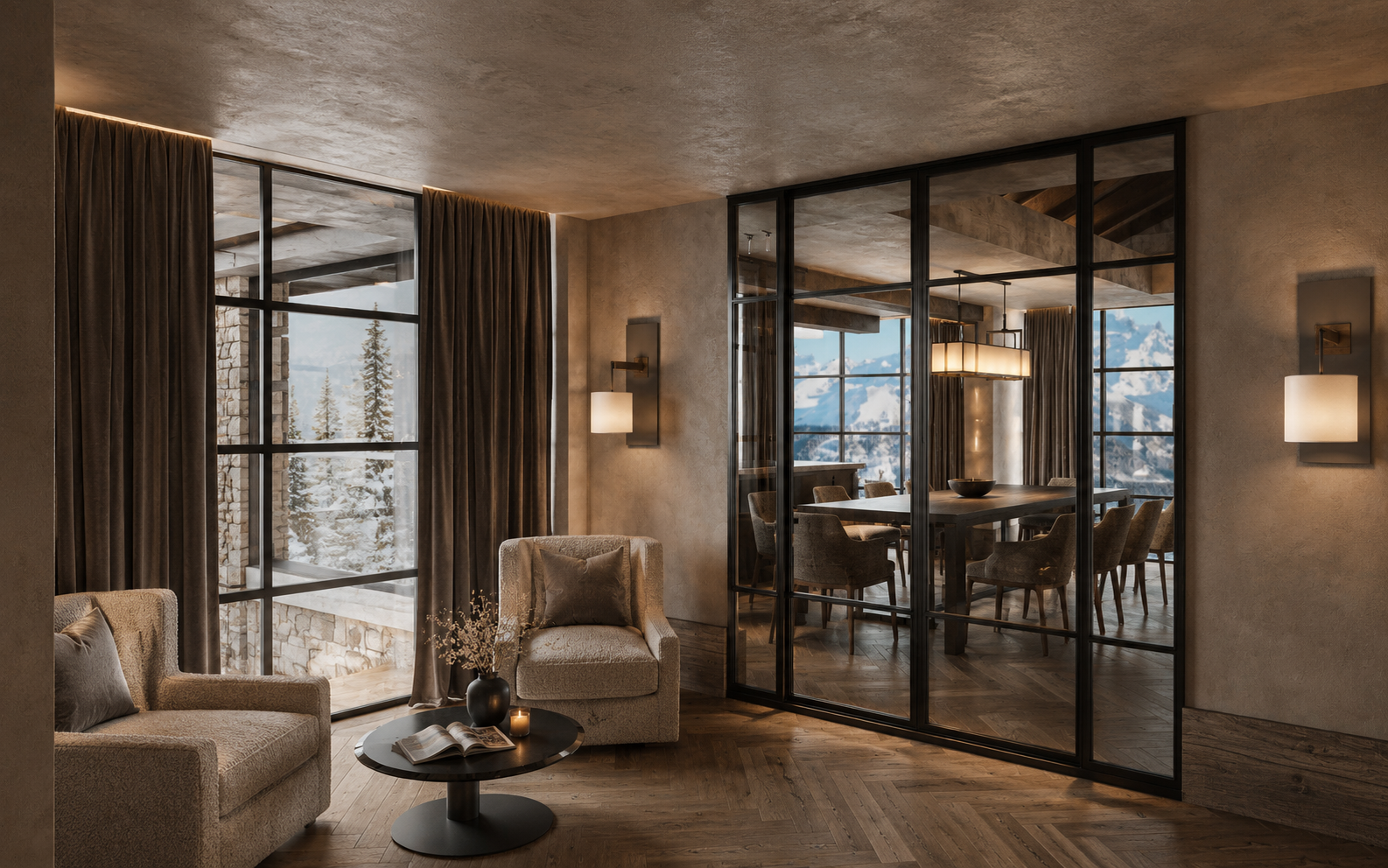 Lounge med fjellutsikt gjennom store glassfelt