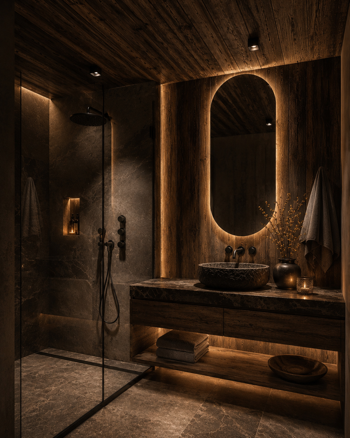 Spa-bad i naturstein med varmt lys